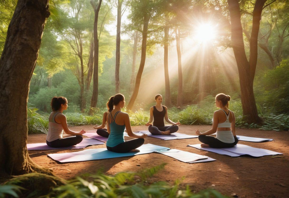 A serene scene depicting a diverse group of individuals engaging in transformative practices like yoga, meditation, and journaling in a lush, vibrant nature setting. Soft sunlight filters through the trees, casting a warm glow on their peaceful expressions. Include elements of natural health such as herbal teas, essential oils, and wellness books scattered throughout the scene. The atmosphere should evoke tranquility and personal growth. super-realistic. vibrant colors. nature background.