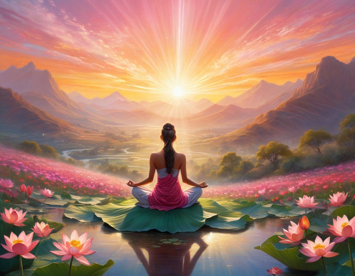 A serene landscape featuring a meditative figure sitting cross-legged on a radiant lotus flower, surrounded by swirling colors representing energy and tranquility. In the background, soft hills and a calming sunrise symbolize hope and empowerment. Ethereal light beams connect the figure with nature, illustrating the mind-body connection. The overall atmosphere is peaceful and uplifting. super-realistic. vibrant colors.