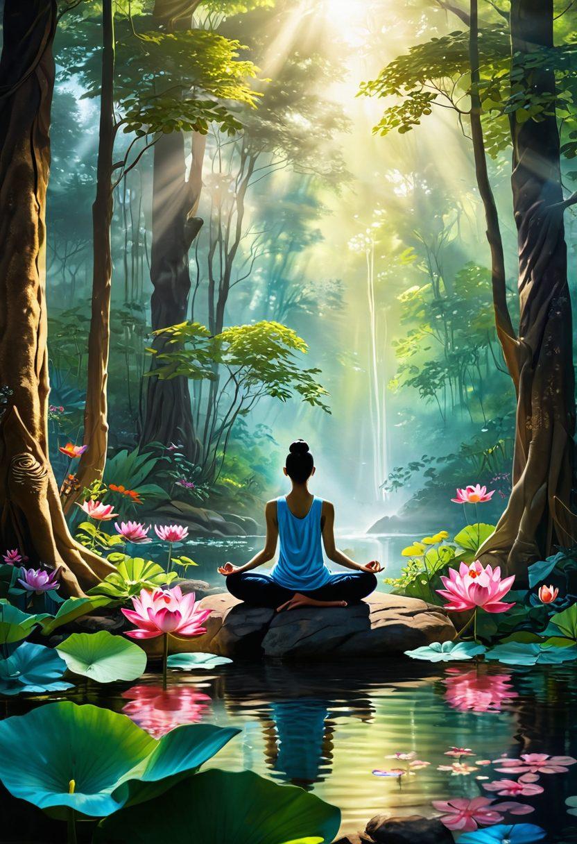 A serene landscape featuring a meditative figure in a sunlit forest, surrounded by vibrant flora and ethereal light. Incorporate symbols of mind-body wellness such as a lotus flower and flowing water. Use warm, inviting colors to evoke tranquility and transformation. The atmosphere should radiate peace and inspiration, encouraging mindfulness and spiritual awakening. super-realistic. vibrant colors. natural setting.